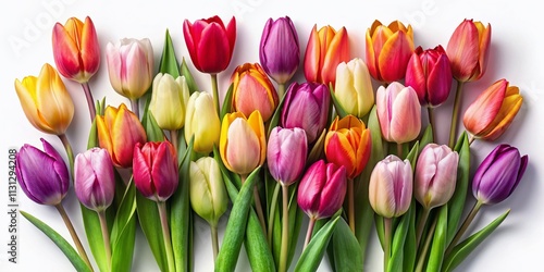 Aerial view of colorful tulips on a white background, EPS 8 vector clipart perfect for floral designs and nature-themed projects, capturing the beauty of spring. photo