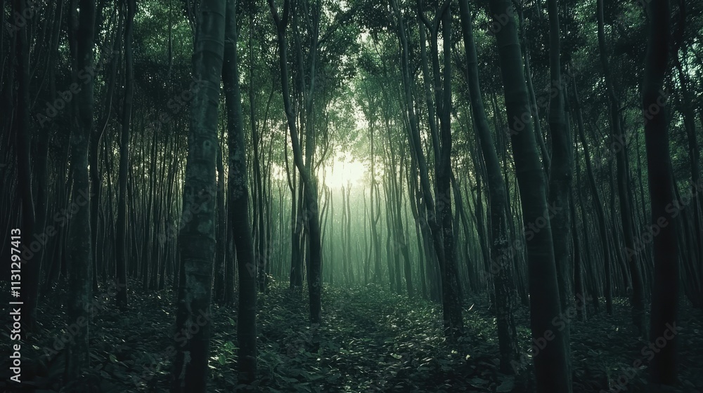 Obraz premium Serene natural rubber tree plantation shrouded in mist with sunlight filtering through dense forest canopy