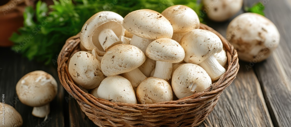 Fresh white mushrooms in a woven basket on a rustic wooden table with herbs showcasing the bounty of mushroom season. Fresh white mushrooms in a woven basket on a rustic wooden table with herbs showcasing the bounty of mushroom season.