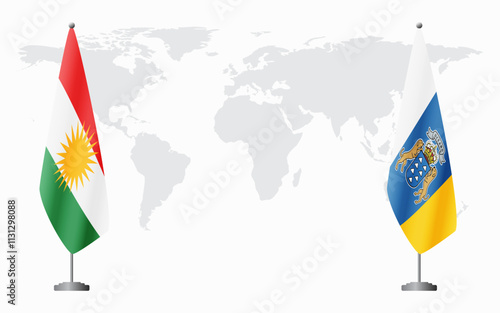 Kurdistan and Canary Islands flags for official meeting against background of world map.