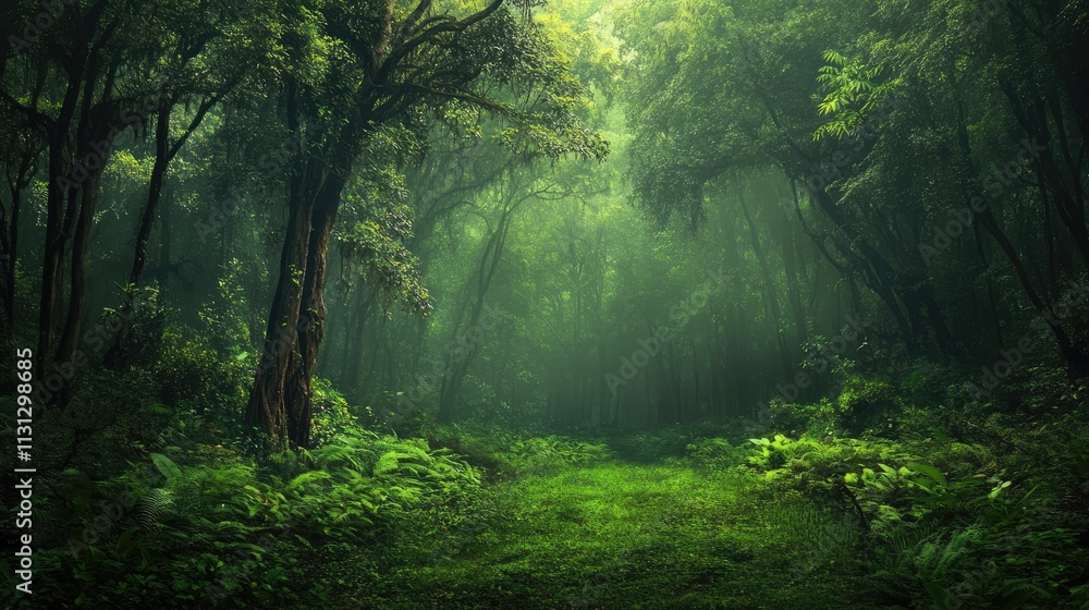 Obraz premium Lush natural rubber tree plantation forest with dense greenery and sunlight filtering through the canopy creating a serene atmosphere.