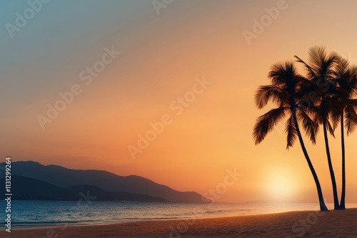 A beautiful sunset over the ocean with palm trees in the foreground
