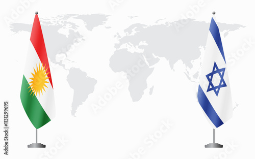 Kurdistan and Israel flags for official meeting against background of world map.