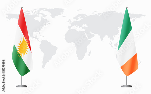 Photography Kurdistan and Ireland flags for official meeting against background of world map