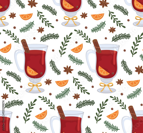 Seamless pattern with glass of mulled wine, fir branches, orange and spices. Flat background with hot drink and pines