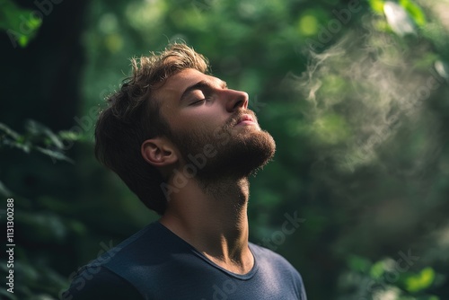 Relaxed Man Taking Deep Breaths Outdoors, Embracing Fresh Air and Dreaming of Tranquility