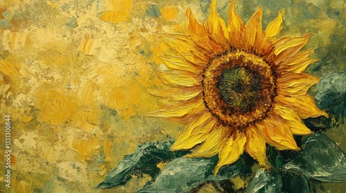 Impasto oil painting; vibrant sunflower, textured background.