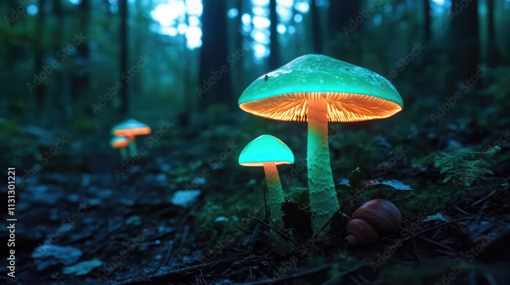 Fototapeta premium Bioluminescent mushrooms and snails illuminated by enchanting forest light creating a mystical woodland atmosphere at dusk