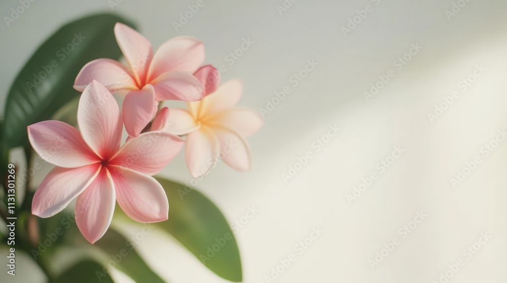 Obraz premium Frangipani Plumeria flower arrangement with soft pastel colors on a light background showcasing floral beauty and tranquility