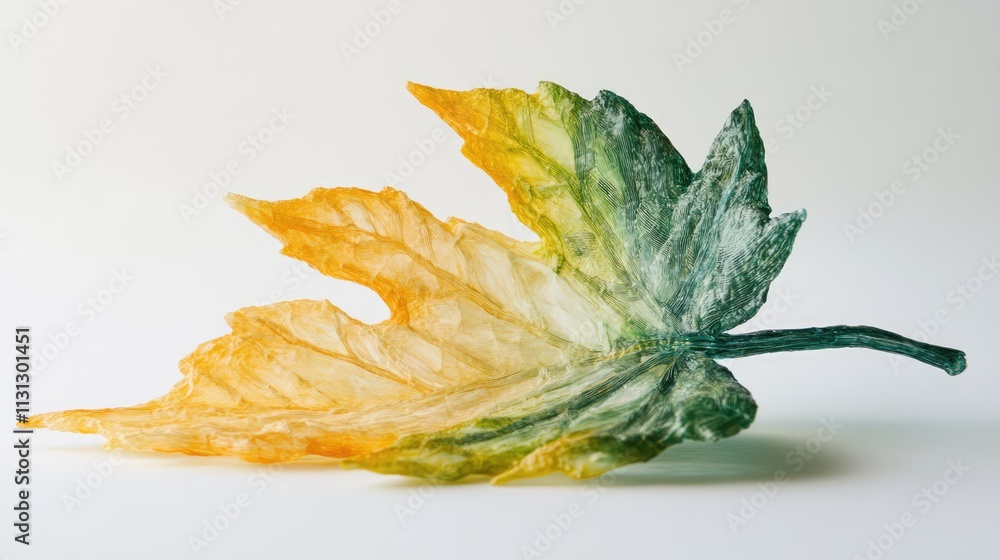 Fototapeta premium Autumn colored leaf with a gradient effect showcasing vibrant orange and green hues against a neutral background.
