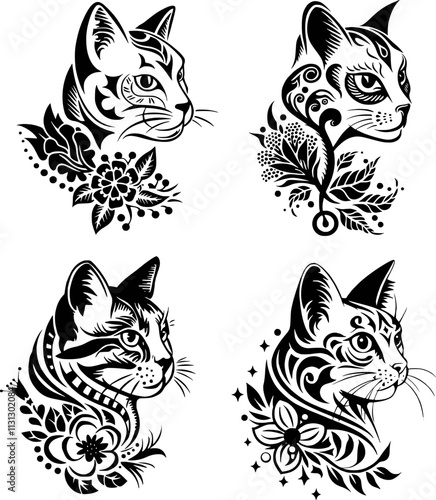 Floral Cat SVG, Black Cat eps