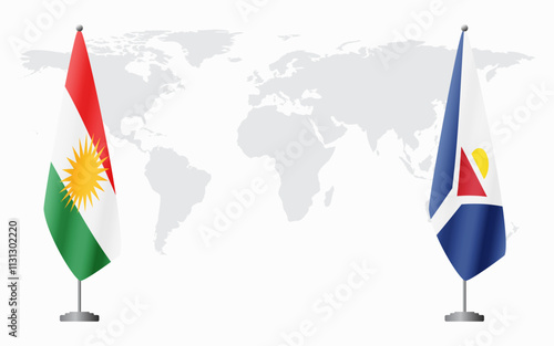 Kurdistan and Saint Martin flags for official meeting against background of world map.