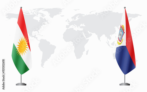 Kurdistan and Sint Maarten flags for official meeting against background of world map.