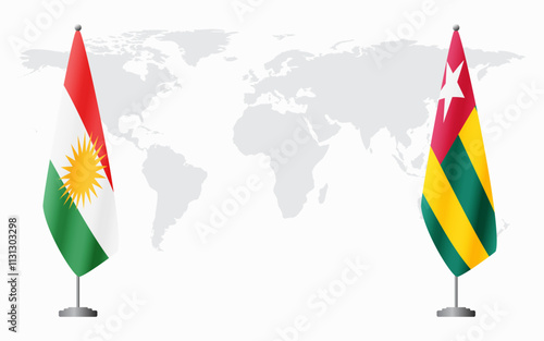 Kurdistan and Togo flags for official meeting against background of world map.