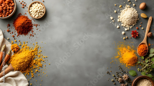 A gray background showcases various spices, powders, grains, and herbs, artistically arranged with wooden spoons. Colors are rich and textures diverse, creating a culinarythemed image. photo