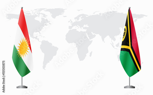Kurdistan and Vanuatu flags for official meeting against background of world map.