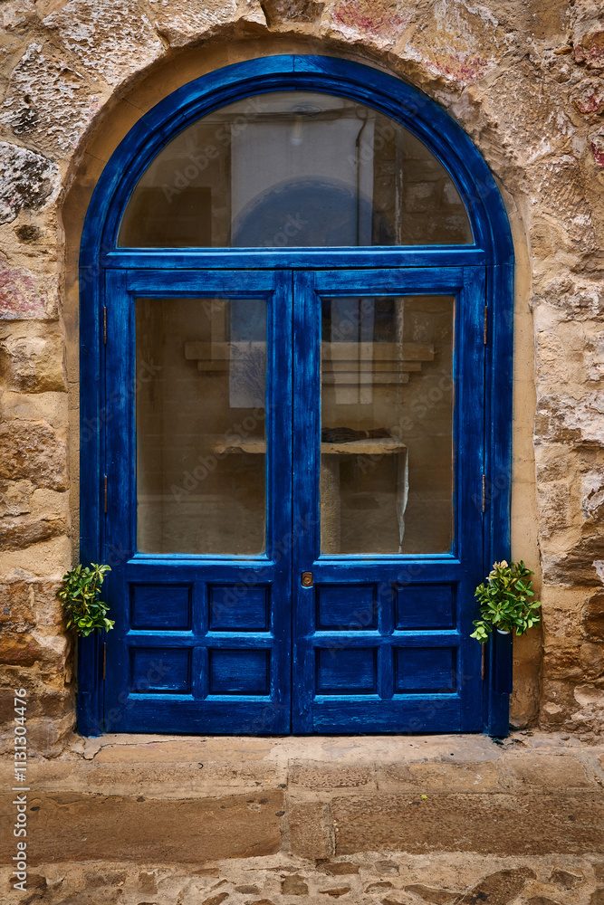 Fototapeta premium Vibrant blue door set against a rustic stone wall with potted plants
