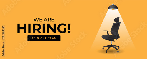 we are hiring and join with team in office chair under spot light in yellow background template banner