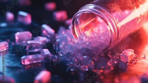 Crystal methamphetamine spilling from a glass jar surrounded by colorful crystalline structures on a dark reflective surface