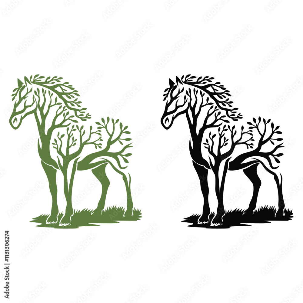 Fototapeta premium Abstract tree branch horse vector art illustration