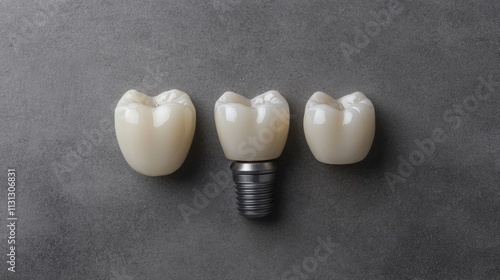 Close-up of a dental crown separated from the abutment and screw, highlighting each parts texture on a grey background photo