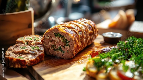 Savory meatloaf pÃ¢tÃ© roll served on a wooden platter garnished with fresh herbs ideal for indoor event snacks and gatherings photo