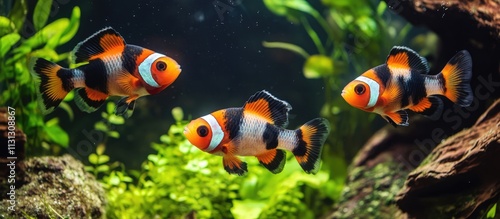 Colorful Ocellaris clownfish swimming gracefully in a vibrant aquarium environment surrounded by lush aquatic plants and natural decor photo