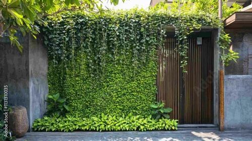 Lush vertical garden with various plants for air purification enhancing home fence aesthetics and promoting a healthier environment photo