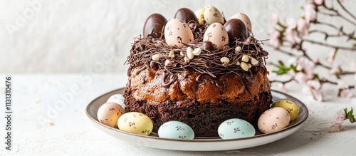 Traditional Easter kulich cake adorned with chocolate nests and colorful eggs on a ceramic plate against a soft white backdrop photo