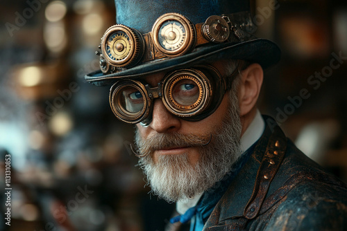 AI Generated steampunk inventor with goggles and intricate mechanical accessories