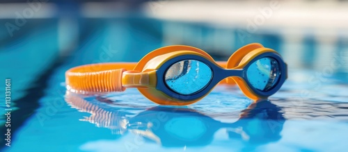 Swimming goggles and cap resting on the poolside reflecting summer fitness and outdoor activity vibes in a clear water setting. photo