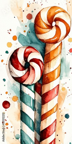 A cute illustrated winter holiday background with red and white candy canes. 