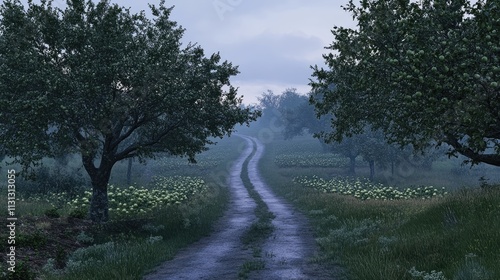 Serene rural lane winding through an orchard under gloomy evening weather with misty surroundings and lush greenery photo