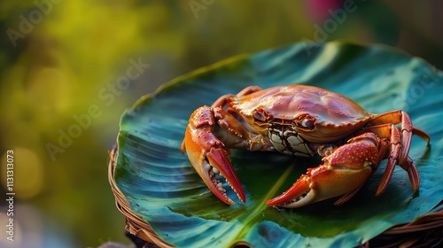 Crab dish elegantly presented on a green leaf showcasing culinary art and natural texture in a vibrant setting photo