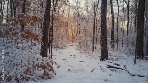 Serene winter landscape with snow-covered trees and a warm sunset glow in a tranquil forest setting photo