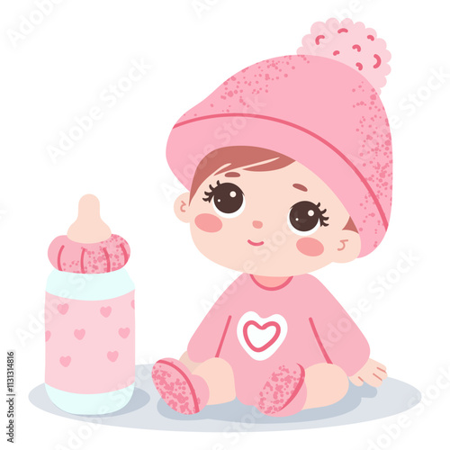 Cute baby girl in knitted hat and socks. Bottle with milk. Child isolated on white background.