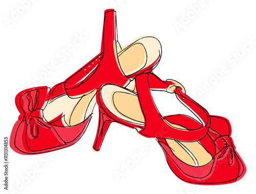Hand drawn beautiful red shoes with high heels and bows. Fashion accessories. Stylish women shoes. Vector sketch.