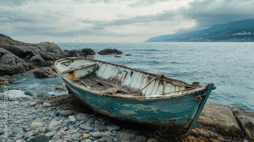 Weathered fishing boat on rocky shoreline of coastal village, evoking nostalgia and maritime history in a serene seascape setting photo