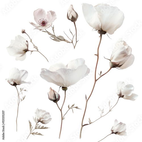 Delicate transparent flowers with gentle stems arranged on a soft background for an elegant display, Delicate natural objects on background or transparent background, featuring s and for easy editing photo