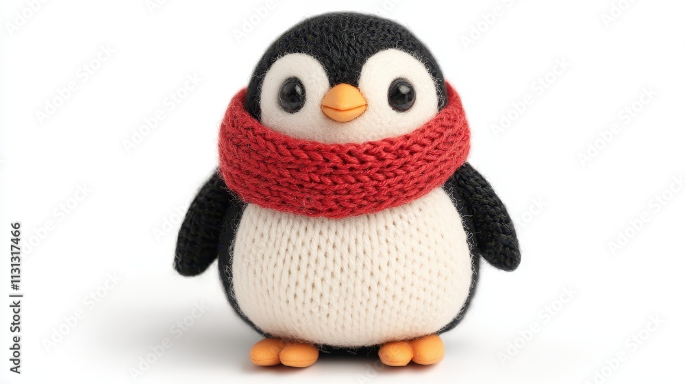 Fototapeta premium A cute, knitted penguin figurine wearing a red scarf, showcasing a playful design perfect for cozy decor or as a gift.