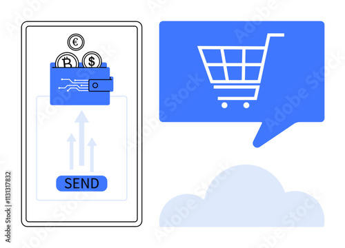 Digital wallet with currency symbols sending money via smartphone and online shopping cart in blue communication bubble. Ideal for e-commerce, mobile banking, online transactions, digital payments