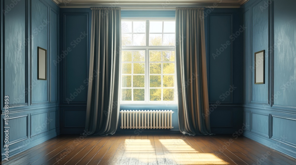 Fototapeta premium Empty vintage living room featuring a metal radiator beneath a window dressed with heavy curtains and polished wooden flooring.
