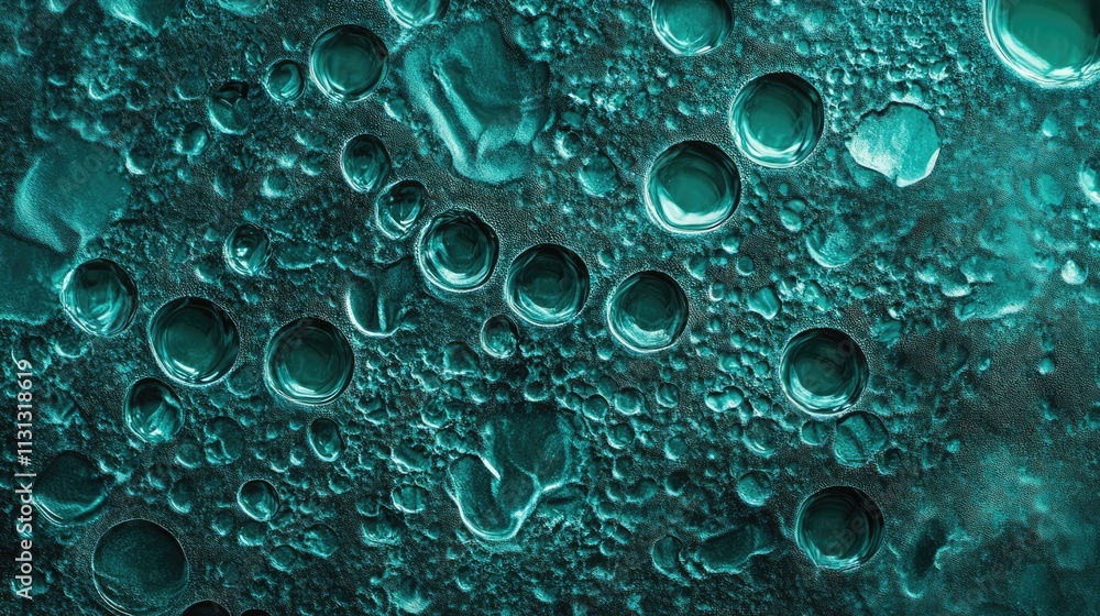 Green water droplets on glass surface creating a textured background with varying sizes and shapes of the bubbles reflecting light. Green water droplets on glass surface creating a textured background with varying sizes and shapes of the bubbles reflecting light.