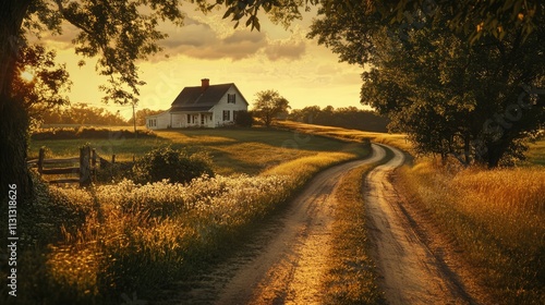 Dirt Road Winding Through Countryside Leading to Farmhouse Under Beautiful Sunset Sky photo