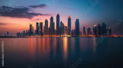 Urban skyline illuminated at dusk reflecting on calm waters in a vibrant cityscape with towering skyscrapers and a glowing horizon. photo