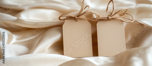 Zero waste eco friendly gift tags on soft silk backdrop showcasing sustainable packaging and minimalistic decor for environmentally conscious gifting photo