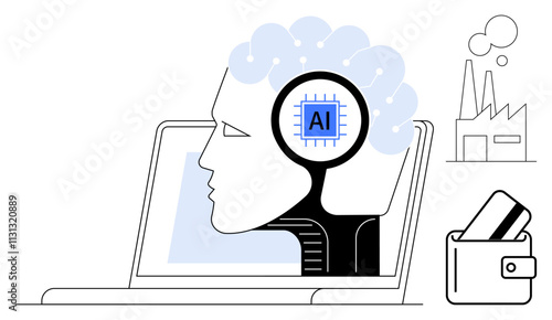AI brain inside human head on laptop, credit cards in wallet, and factory illustrate technology in finance, industry, and personal use. Ideal for AI, business, finance, industry technology future
