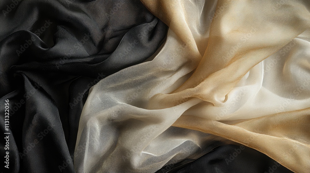 Fototapeta premium Elegant draped silk fabric textures in black and cream shades captured in a studio setting showcasing softness and luxury in textile design.