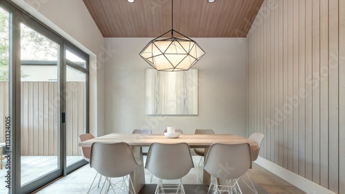 An inviting dining area featuring a simple wooden table surrounded by modern molded chairs. Above the table hangs a geometric light fixture and the walls are adorned with a single