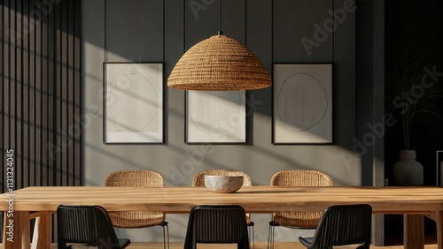 A dining area is dominated by a long reclaimed wood table surrounded by mismatched chairs. A woven pendant light hangs overhead casting intricate shadows on the white walls adorned
